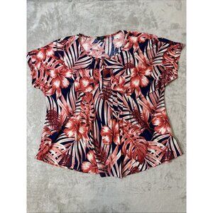 Cocomo Top 2X Tropical Floral Print Navy Red Short Sleeve Henley Blouse